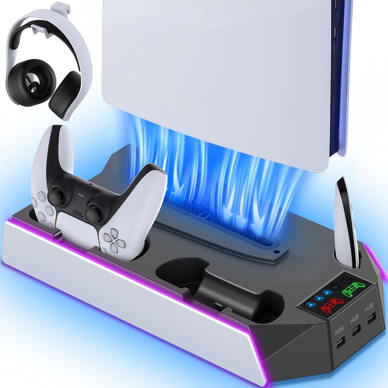 RJAD PS5/PS5-Slim-Cooling-Station-with-Controller-Charging-Station for PlayStation 5 Console Disc/Digital, LED Light Cooling Stand with Cooler Fan for PS5 Accessories with 3 USB Hubs/Headset Holder - Image 1